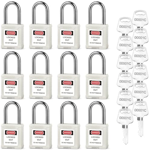 Image of Lockout Tagout Locks 12-Pack|OSHA White Loto Locks Keyed Alike|12 Same Keys /Set for Industrial Machinery & Electrical Panels|Chrome Steel & Laser Coding