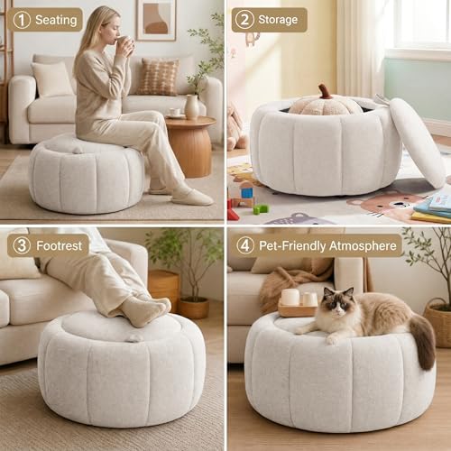 Tbfit Round Storage Ottoman - No Assembly Required, Storage & Sturdy Structure Multi-Functional Seat/Footrest for Living Room, Bedroom & Kids Room Soft Fabric for Family Home Use — view 4
