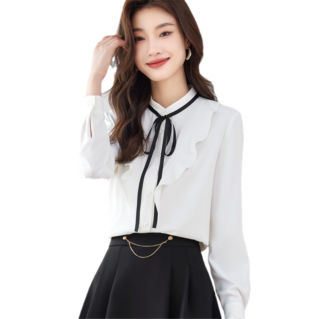 Disimlarl Elegante camisa ligera GN con volantes de manga larga para mujer, blusas formales de oficina y trabajo, color blanco