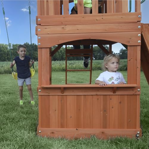 Backyard Discovery Atlantis Cedar Wood Swing Set with Wave Slide, Raised Clubhouse, Rock Wall, Belt Swings, Trapeze, Balcony, Lower Play Space, Snack Bar, Sandbox Area, Step Ladder, Outdoor Playset - image 4