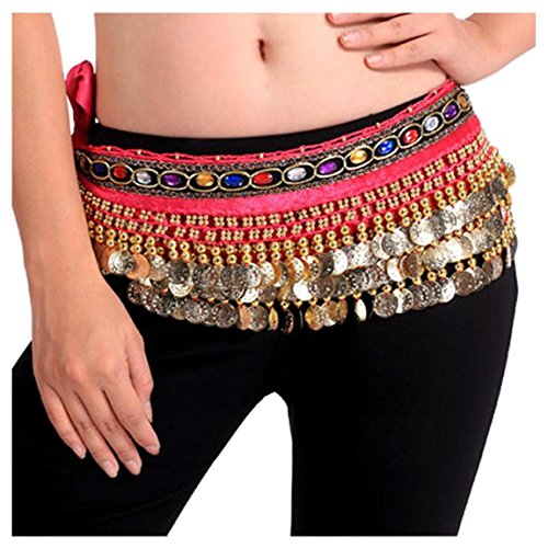 Image of VRITRAZ Women's Chiffon Belly Dance Hip Scarf Waistband Belt Skirt Mixed Colors Beads and Golded Coins 56 Black