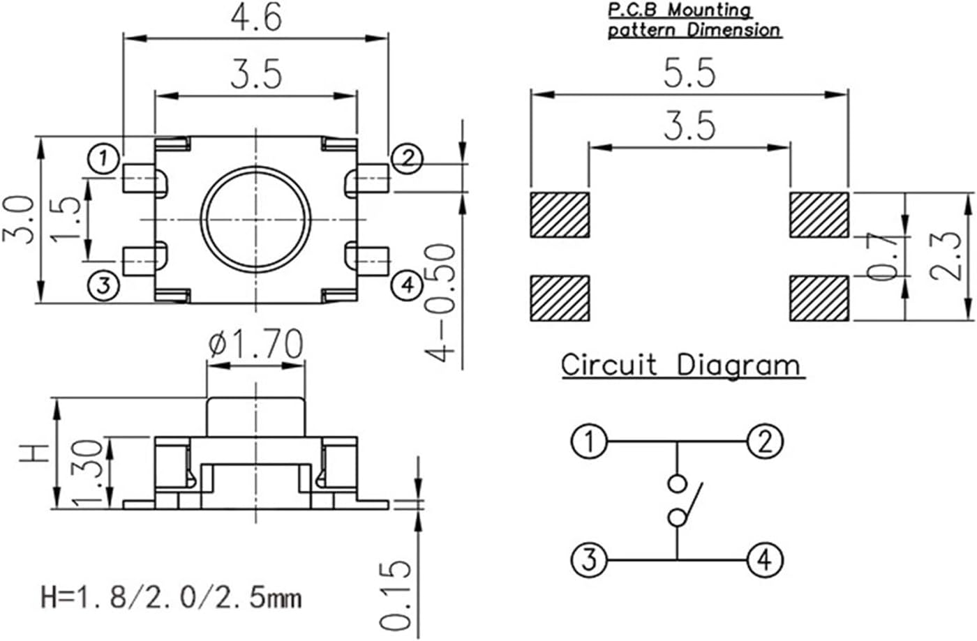 50pcs Power Micro Button Switch 3X4X2mm/2.5mm/1.8mm Momentary Push 12V Tactile Reset 4Pin SMD(TS-1286-4 H 2.5mm)