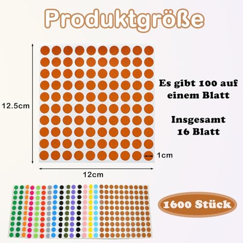 agogue 1600 Stück Klebepunkte Bunt, 10mm Runde Aufkleber, Markierungspunkte Farbig für Büro, Schule, Kalender, Karten (16 Farben)