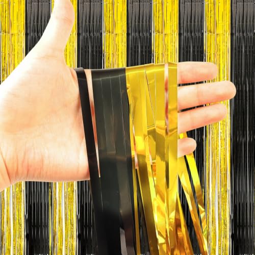 Image of 2 Pack Fringe Curtains Backdrops, Foil Fringe Curtains, Door Streamers for Birthday Wedding Bridal Shower Holiday Graduation Party Decorations Black Gold