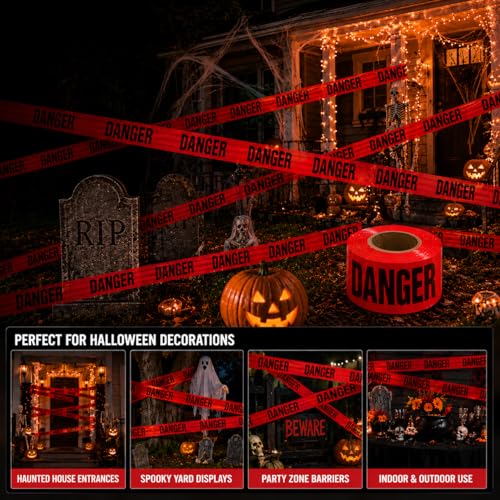 Image of ATERET Premium Red Danger Tape 3-Pack 3 inch x 1000 feet, Hazard Safety Tape, Construction Tape for Danger /Hazardous Area, Ideal Use for Halloween Decorations, Holiday, Party, Yard, Garden, Work-Site