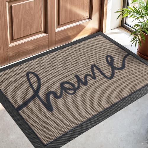 DEXI Front Door Mat Outside Entrance 17x30, Non Slip Dirt Trapper Doormat for Entryway, Heavy Duty Low Profile Floor Entry Mats Inside Decorative, Home Brown