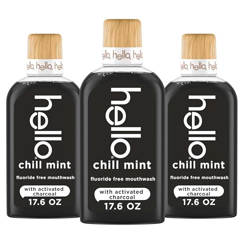 Hello Chill Mint Alcohol Free Mouthwash with Activated Charcoal 17.6 Fl Oz Fluoride Free Mouthwash with Farm Grown Mint and Coconut Oil Vegan Minty Oral Rinse (Pack of 3)