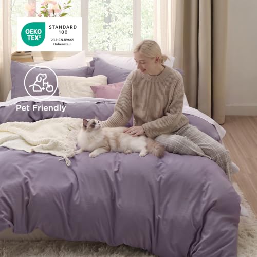 Image of Bedsure Prewashed Duvet Cover Full, Cotton-Like Bedding Set, Dusty Purple | Ultra Soft, Relaxed Texture, 80 inchx90 inch Breathable Comfort, Hidden Zipper, 8 Corner Ties, Easy Care, OEKO-TEX, Year-Round Use