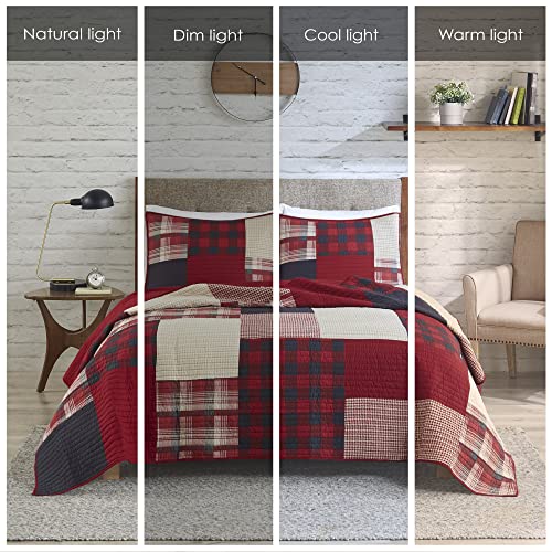 Woolrich Sunset Reversible Quilt Set - Cottage Styling Reversed To Solid Color, All Season Lightweight Coverlet, Cozy Bedding Layer, Matching Shams, Oversized King/Cal King, Plaid Red 3 Piece #TOP1
