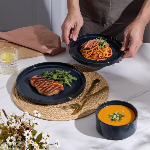 Image of E-far Stoneware Dinnerware Sets for 2, 6-Piece Plates and Bowls Sets, Chip & Scratch Resistant Ribbed Dish Set for Home Restaurant, Microwave & Dishwasher Safe, Midnight Blue