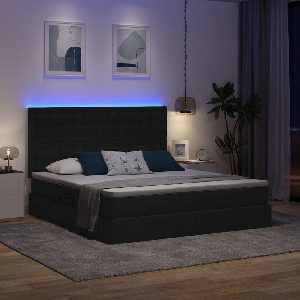 Metalowa konstrukcja z regulowanym zagłówkiem LED Czarny 160 x 200 cm | Łóżko z pojemnikiem hydraulicznie podnoszonym i LED RGB Czarny 160x200 cm z materacem i zagłówkiem do sypialni