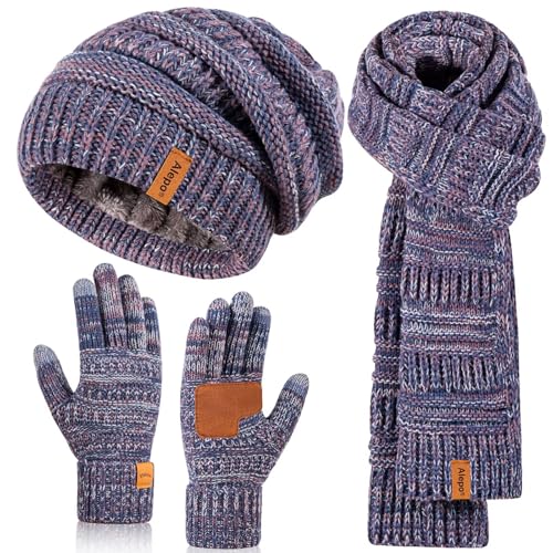 Winter Beanie Hat Scarf Gloves Set for Women, Slouchy Beanie