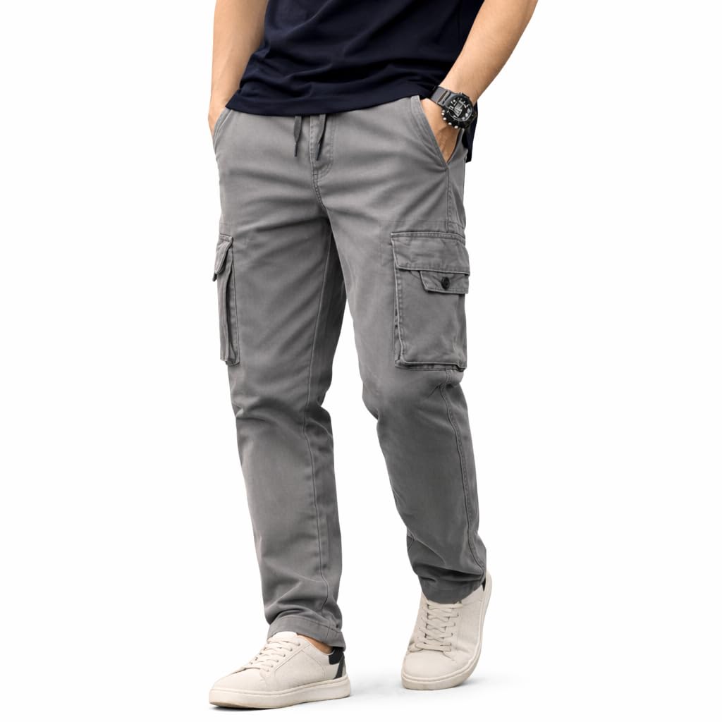 wolica Men’s Cotton Cargo Pants | Casual Trousers for Men | Comfortable Lower for Men | Breathable Pants with 6 Pockets & Drawstring Elastic Waistband Grey-picture-10