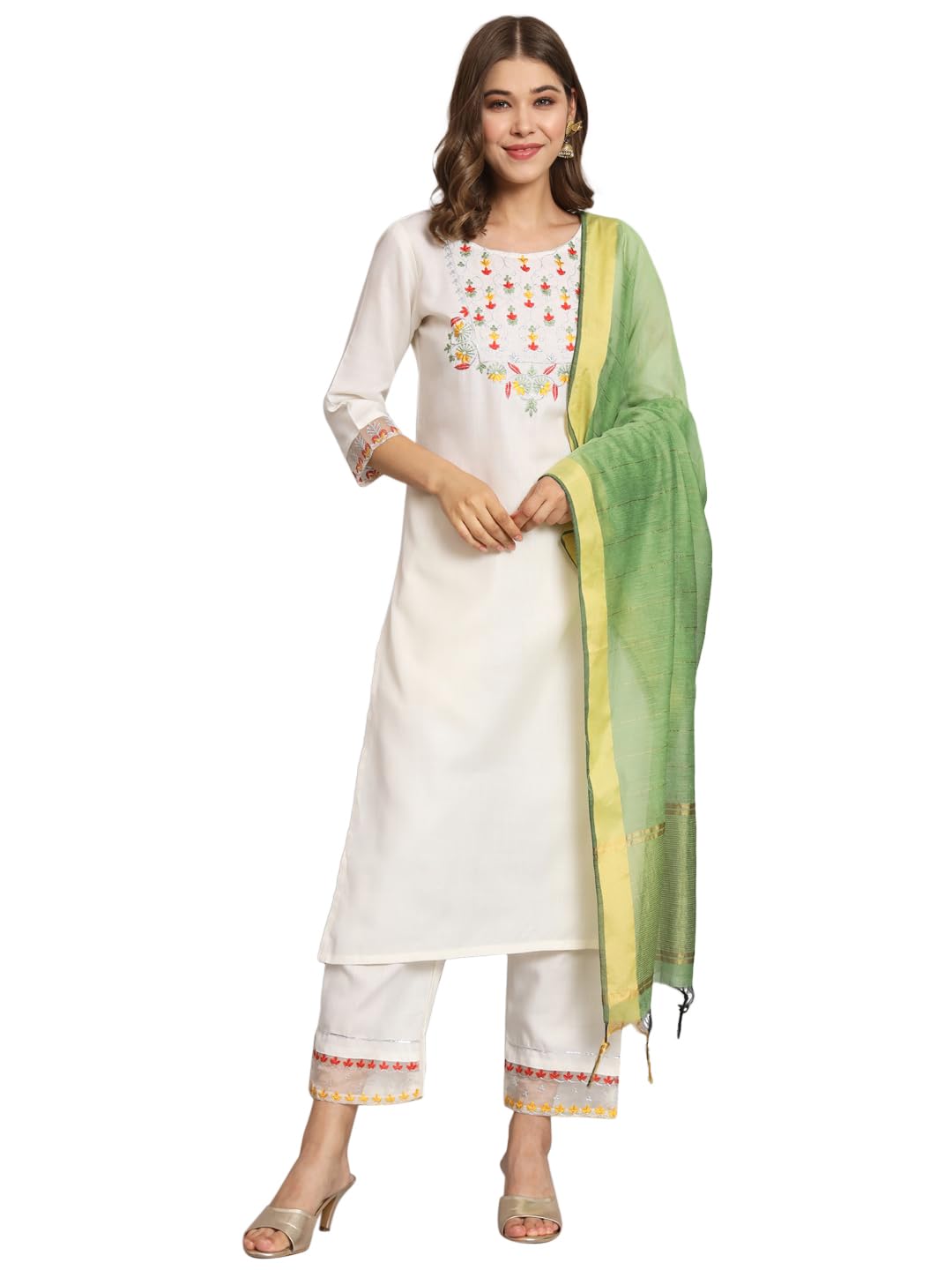 VredeVogel Cotton Blend Embroidery Straight Kurta Pant & Chanderi Dupatta Set for Womens VredeVogel Cotton Blend Embroidery Straight Kurta Pant & Chanderi Dupatta Set for Womens