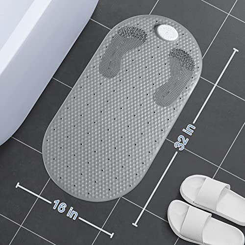 Bligli 32"X16" Foot Scrubber Shower Mat With Pumice Feet Scrub Stone, Oval Bathtub Mat With Antislip Suction Cups And Drain Holes, Non Slip Bath Floor Mats For Feet Massage (Grey) #TOP1