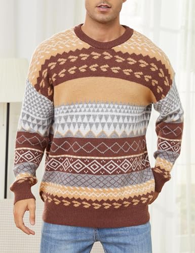 Arssm Vintage Sweater Men Striped Oversized Knit Winter Sweaters Crewneck Casual Retro Color Block Pullover(Brown-L)2