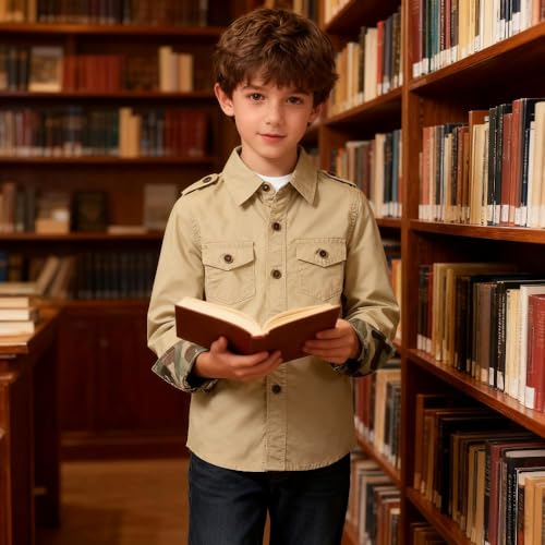 Image of Toddler Little Boys Button Down Long Sleeve Shirt Uniform Army Scout Casual Fall Top with Pocket