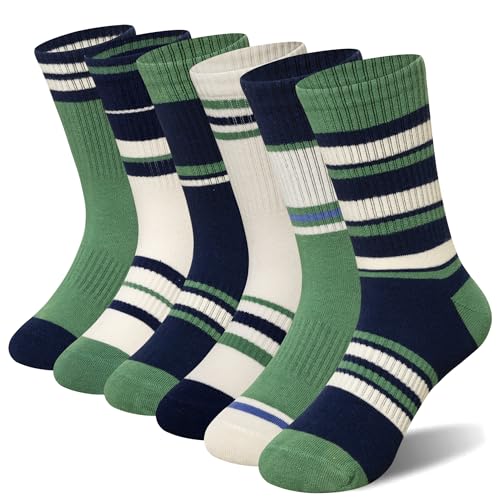 Eyean Kids Boys Athletic Socks Basketball Sport Cotton Breathable Crew Youth Casual Socks 6 Pairs (Green/White, 9-15 Years)
