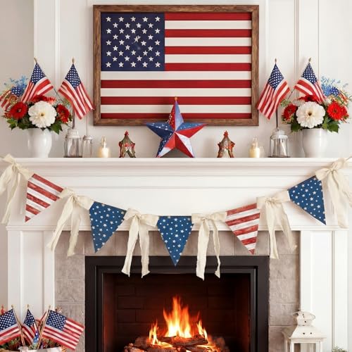 Mindsoft 8.25 ft 4th of July Patriotic Garland Red White Blue American Flag Rustic Farmhouse Banner for Shelf Display Fireplace Wall Independence Day Labor Memorial Day Holiday Party Suppliess