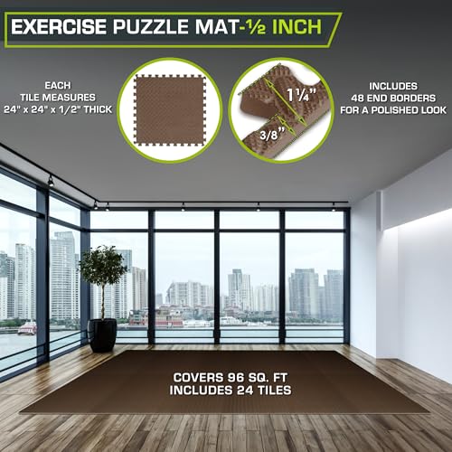 Image of ProsourceFit Exercise Puzzle Mat 1 /2-inch, EVA Interlocking Foam Floor Tiles for Home Gym, Workout Equipment, Kids Play Areas, Brown, 96 Sq Ft - 24 Tiles