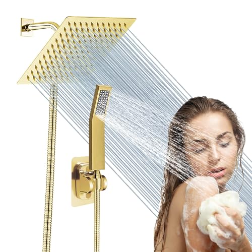 8"High Pressure Square Rain Shower Head and 2-in-1 Hand Shower.Equipped with 78"Hose, 3 Way Diverter Valve,Adhesive Shower Head Holder.(AWAXFOLO Square Shower Head Set gold)