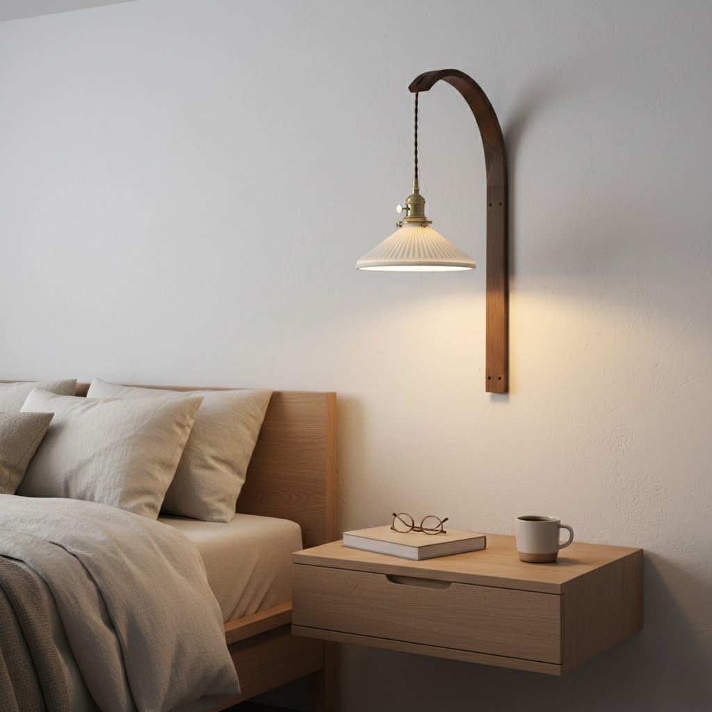 Wall Sconce, Walnut Wood Wall Light, Ribbed Glass Ceramic Wall Lamp for Bedroom, Living Room, Hallway, Entryway, Corridor, Foyer, Japanese Bedside Fixture, Reading Nook Parlor(Small)