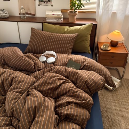 Image of Brown Striped Duvet Cover Twin Size Retro Stripes Bedding Set Vintage Vertical Stripe Soft Lightweight Microfiber Comforter Cover Set with Zipper Closure and 1 Pillowcase