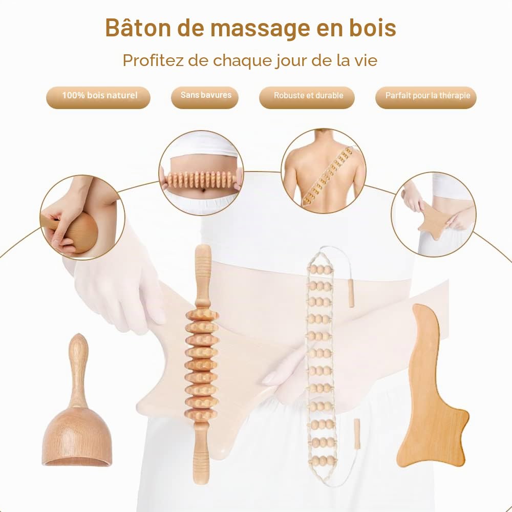 Lot de 9 outils de massage en bois thérapeutique pour le modelage du corps, kit Maderoterapia pour drainage lymphatique anti-cellulite, ensemble de coupelles et rouleaux de massage courbés en bois