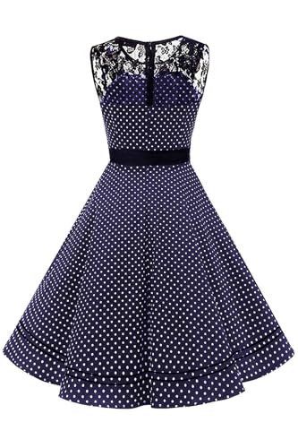 AXOE Femme Robe Années 50 Ligne A Dentelle et Ceinture, Marine Blanc, T.44 – vue 2