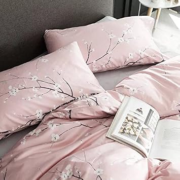 Eikei Japanese Oriental Style Cherry Red Blossom Floral Branches Print Duvet Quilt Cover 300tc Cotton Bedding 3 Piece Set Rose Dust, King