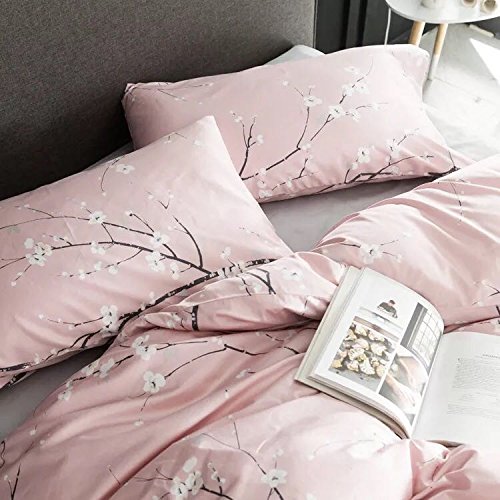 Eikei Japanese Oriental Style Cherry Red Blossom Floral Branches Print Duvet Quilt Cover 300tc Cotton Bedding 3 Piece Set (Rose Dust, King)