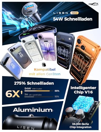 LISEN 54W Zigarettenanzünder USB C, PD&QC3.0 Auto Ladegerät KFZ, 12V USB Adapter Auto Zigarettenanzünder Steckdose für iPhone 17 Pro Max Air, Galaxy S25 Ultra, Xiaomi 15 und mehr