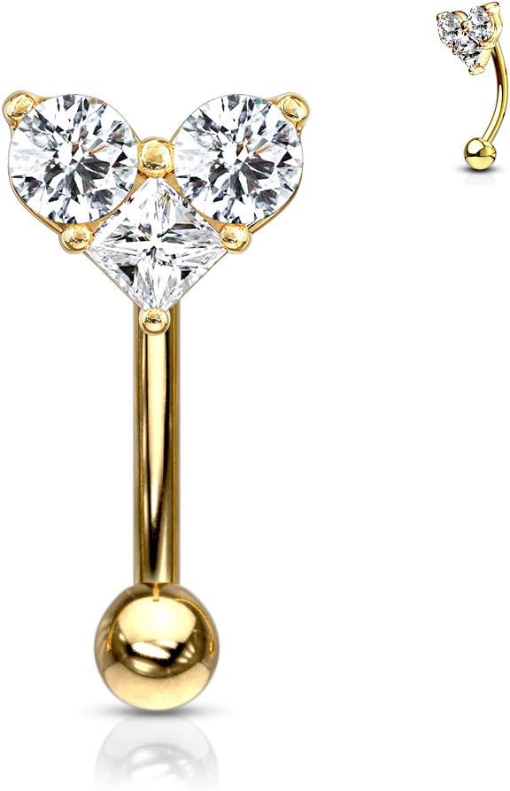 Amelia Fashion 16 Gauge Three Prong Set Round and Square CZ Heart Curved Barbell/Eyebrow Ring 316L Surgical Stainelss Steel (Choose Color)