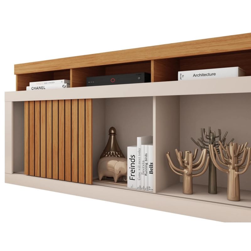Meuble TV 55 Pouces Chêne et Blanc Ecru 1 Porte 6 roulettes L 136 H 74 P 39 cm