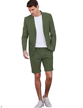 Army Green Suits for Men Linen Short Suit 2 Piece Summer