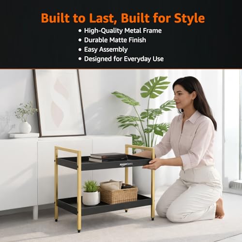 Image of Amazon Basics Modern 2-Tier Metal Organizer Rack for Kitchen, Bathroom, Living Room & Vanity | Black & Gold | Space-Saving Countertop Storage Shelf (20D x 40W x 30H cm)