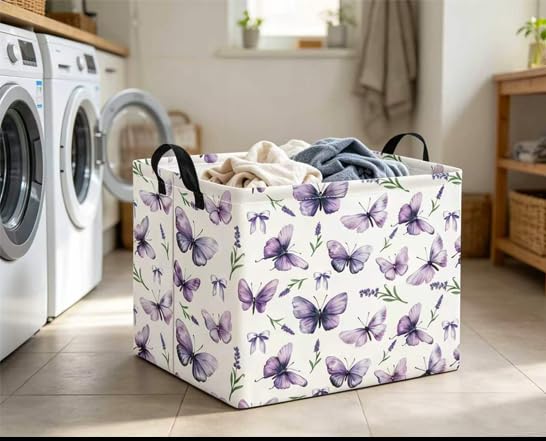 Image of Rectangular Baby Kids Storage Basket for Home Kitchen Girls Cute Toy Storage Bin Organizer Shelf Book Room Decor(Lavender Butterfly)
