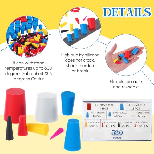 Image of Briwooody 520 Pcs Rubber Plugs 9-Sizes Silicone Tapered Plug Kit 1 /15 inch to 1 inch Stoppers for Coating, Hole, Painting Protection Silicone Stopper