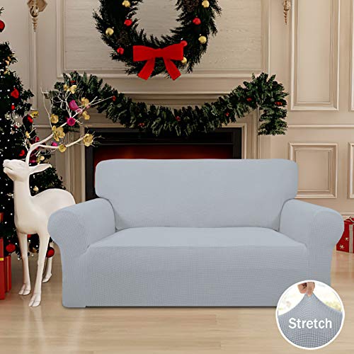 Image of Easy-Going Stretch Loveseat Slipcover 1-Piece Sofa Cover Furniture Protector Couch Soft with Elastic Bottom for Kids Polyester Spandex Jacquard Fabric Small Checks (Loveseat, Silver Gray)