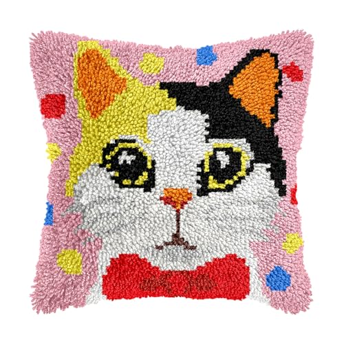 Image of bositigo Cat Latch Hook Pillow Kit for Adults & Kids, DIY Pre-Printed Canvas Craft, 17x17 Inch Decorative Cover for Sofa Cushions, Bedroom Decor (Cat Pattern 34)