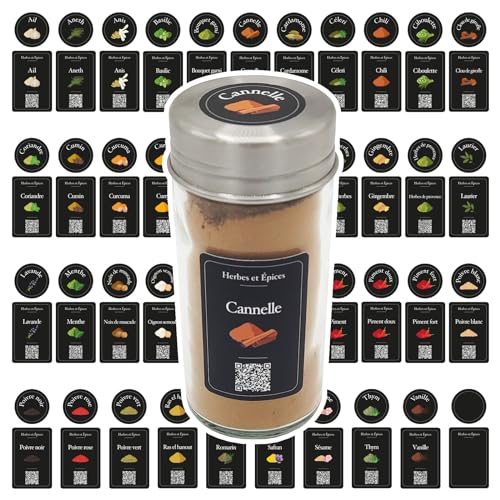 90 Etiquettes Epices Francais Noires, élégantes, imperméable, QR Code des recettes, etiquettes autocollantes bocaux francais, rangement epices cuisine...