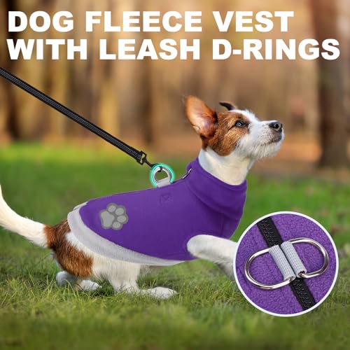 Image of Mihachi Dog Fleece Vest Sweater Zip Up Warm Pullover Step-in Dog Jacket with Dual D-Ring Leash, Winter Cold Weather Reflective Coat Clothes Hoodie for Small Medium Dogs Puppy Cat Boy Girl, Purple XL