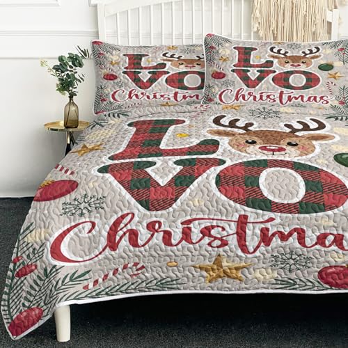 BlessLiving Festive Reindeer Christmas Bedding Set Queen 3-Piece, Holiday Quilt