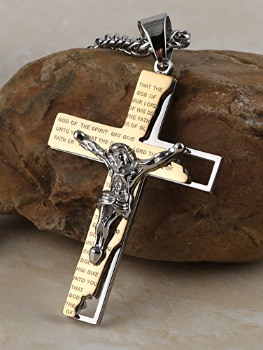 HZMAN Men's Stainless Steel Cross Crucifix Bible Prayer Pendant Necklace 22+2" Chain4