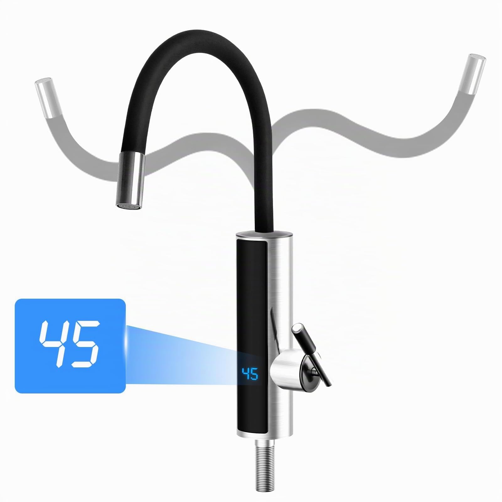 Robinet de chauffe-eau instantané sans réservoir 3000 W 220 V Robinet d'eau chaude électrique pour salle de bain 3 secondes avec affichage numérique de la température (noir)