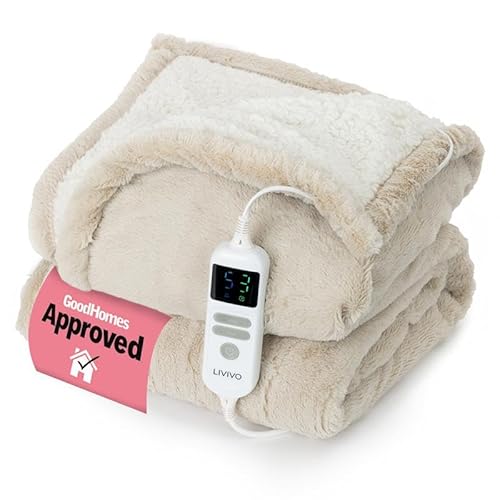 LIVIVO Premium Electric Heated Blanket 130x160cm - Soft Faux Fur & Sherpa Electric Throw with 10 Heat Levels, 9-Hour Timer, Auto Shut-Off & Overheat Protection, Machine Washable Winter Blanket - Beige