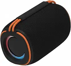 Caixa de Som Bluetooth Portátil, 30W, IPX6 à Prova D'água, Bateria Recarregável, com Rádio FM e USB, Preta e Laranja