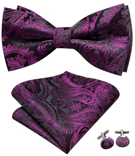 Image of Hi-Tie Mardi Gras Bow Tie Men Pre Tied Bowtie Pocket Square Cufflinks Lapel Pin Formal Wedding Bow Ties for Men Party Tuxedo Bowtie Set,Black Purple Paisley Floral