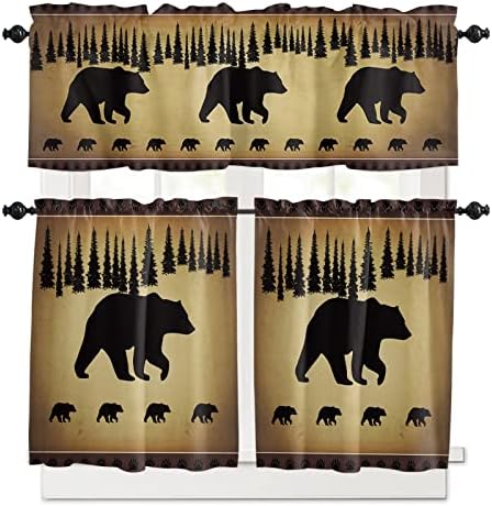 Wohnkutu 3 Piece Bear Kitchen Valance and Tier Set, Black Bear Forest Silhouettes Small Half Window Tier Curtain 24 Inches Length, Vintage Farm 54" x 18" Valance Window Treatment Decor for Cafe