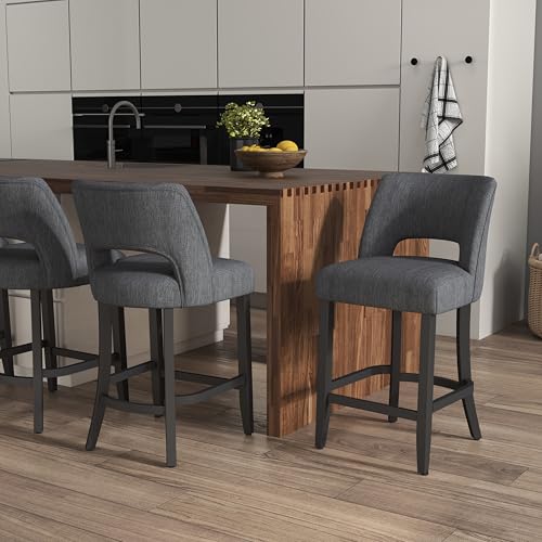 Image of VKNOW Bar Stools Set of 2, 26 inch Upholstered Counter Height Bar Stools | Modern Counter Stools with Black Rubberwood Legs for Kitchen Island Dining Room Bar, Dark Grey-Black Legs